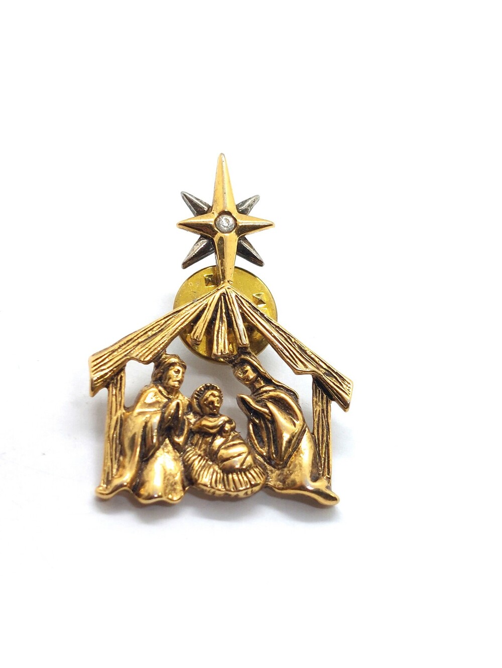 Vintage Nativity Scene Brooch Pin Manger Star Rhinestone Christmas Religious